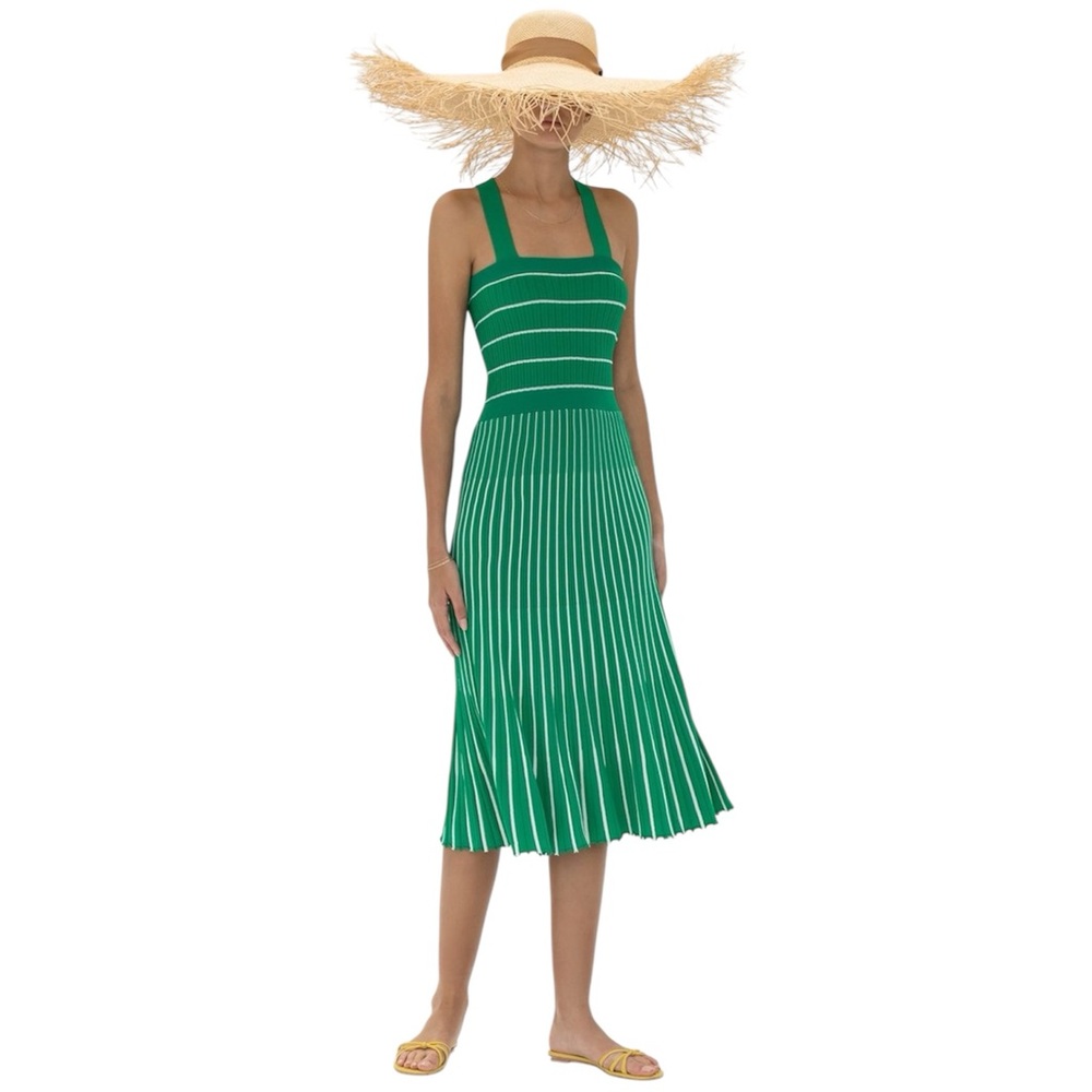 Alexis Barbara Bess Green White Stripe Knit Pleated Midi Dress Size Large NWOT